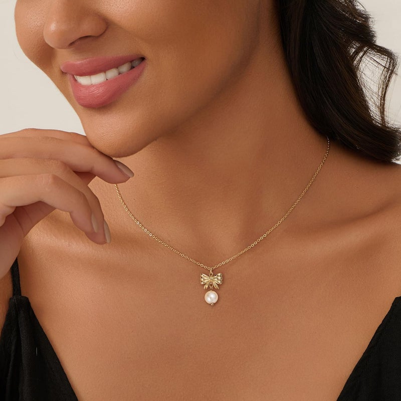 PRTGL Store Pearl Necklace: 14K Gold-Plated/White Gold-plated Pearl Necklace for Women 16.5” + 2” - Image 2
